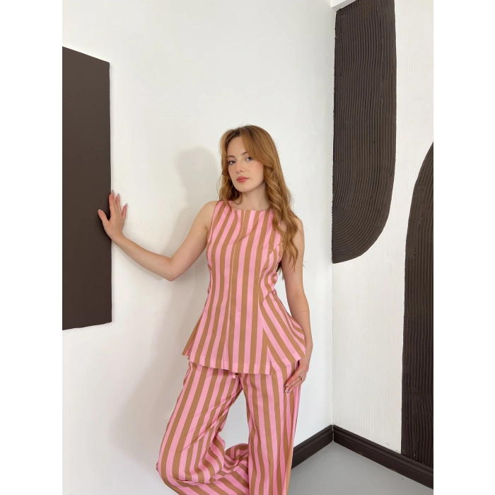 Pembe-Camel Hamon Çizgili Bluz-Pantolon Takım