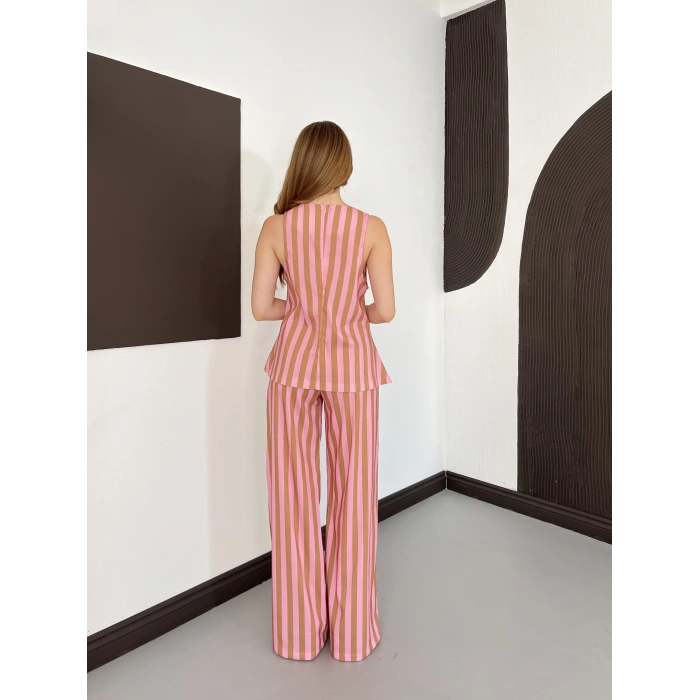 Pembe-Camel Hamon Çizgili Bluz-Pantolon Takım