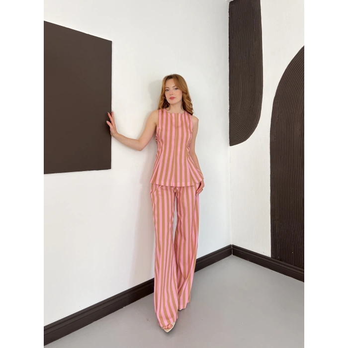 Pembe-Camel Hamon Çizgili Bluz-Pantolon Takım