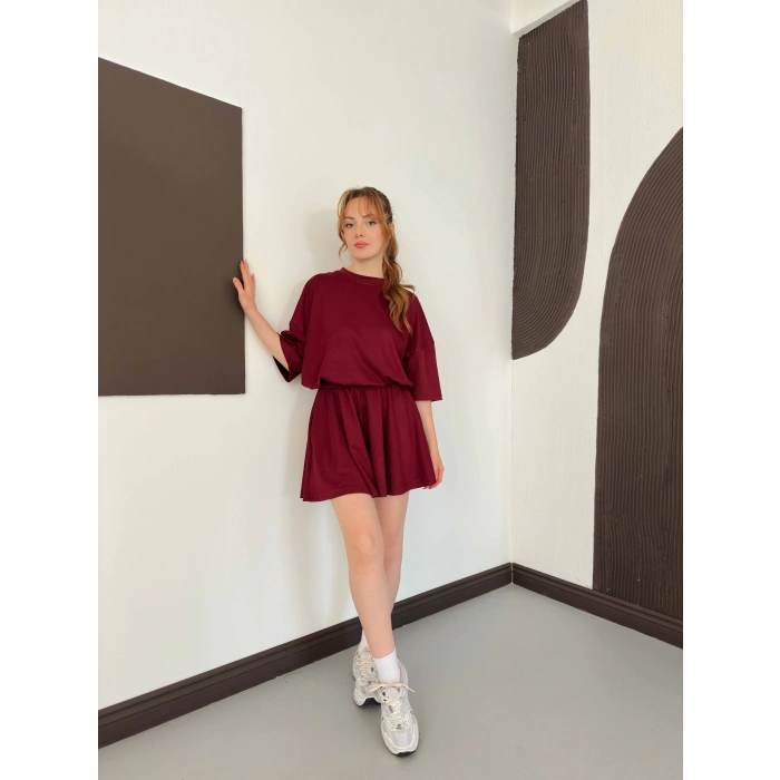 Pileli Şort Etek- Tişört Modal Takım Bordo