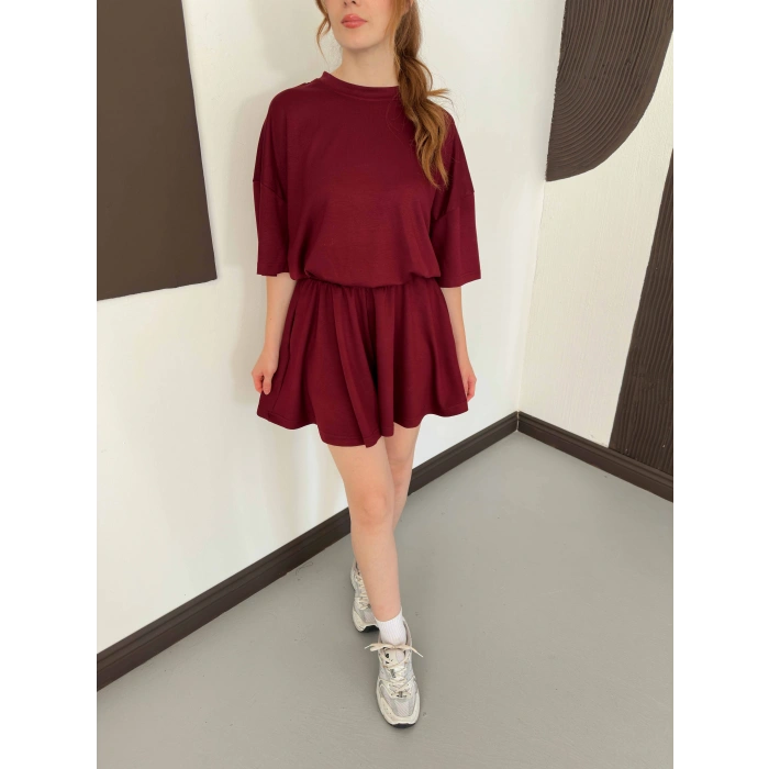 Pileli Şort Etek- Tişört Modal Takım Bordo
