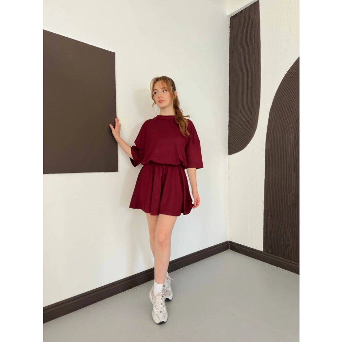 Pileli Şort Etek- Tişört Modal Takım Bordo