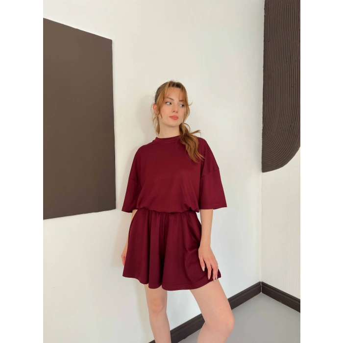 Pileli Şort Etek- Tişört Modal Takım Bordo