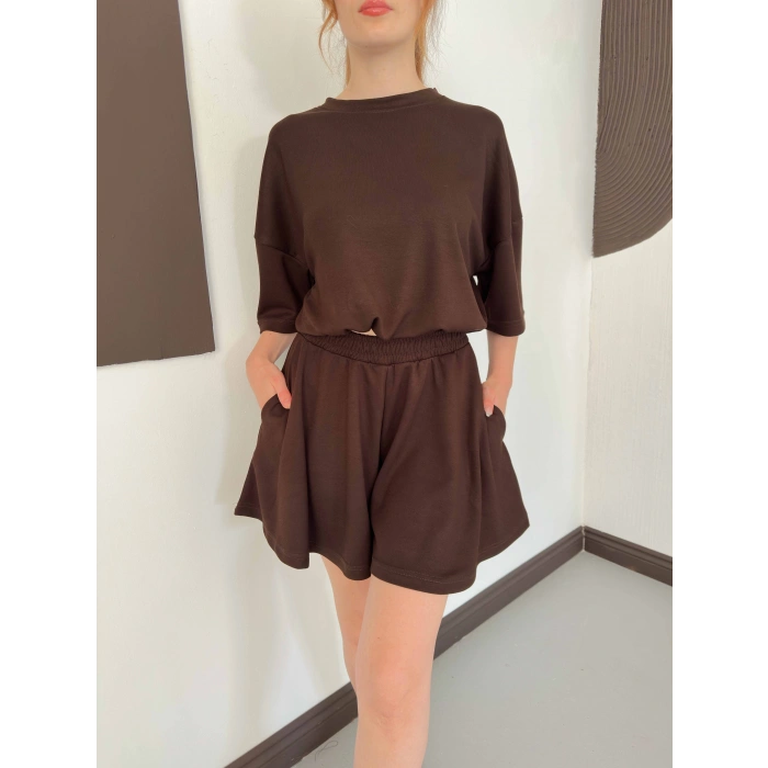 Pileli Şort Etek- Tişört Modal Takım Kahve