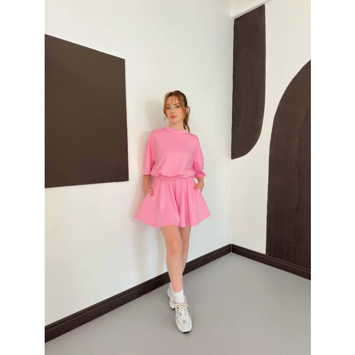 Pileli Şort Etek- Tişört Modal Takım Pembe