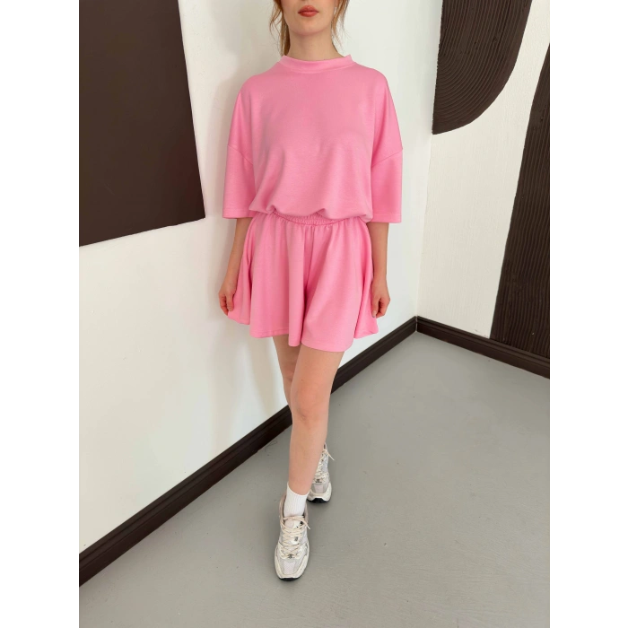 Pileli Şort Etek- Tişört Modal Takım Pembe