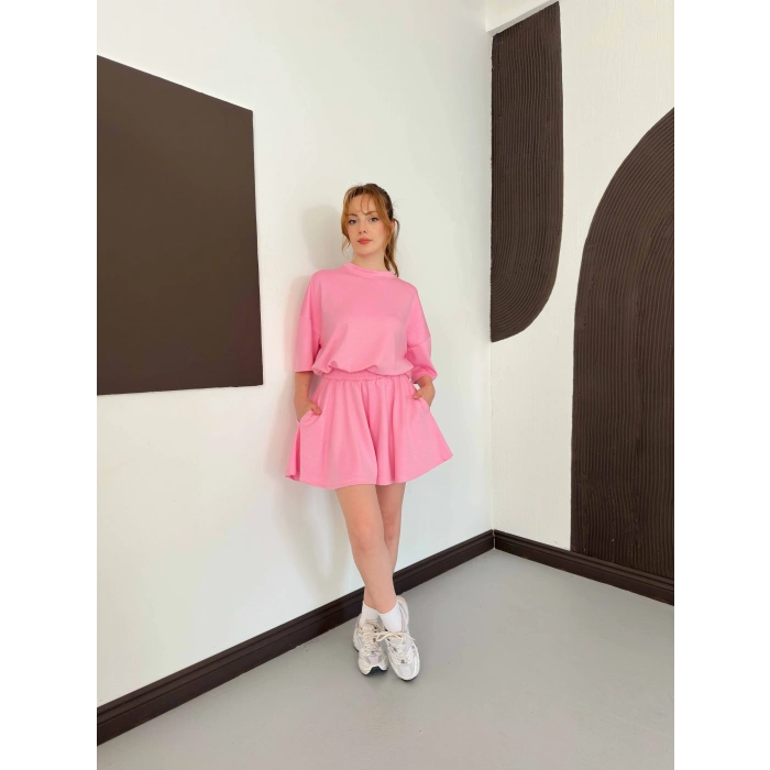 Pileli Şort Etek- Tişört Modal Takım Pembe