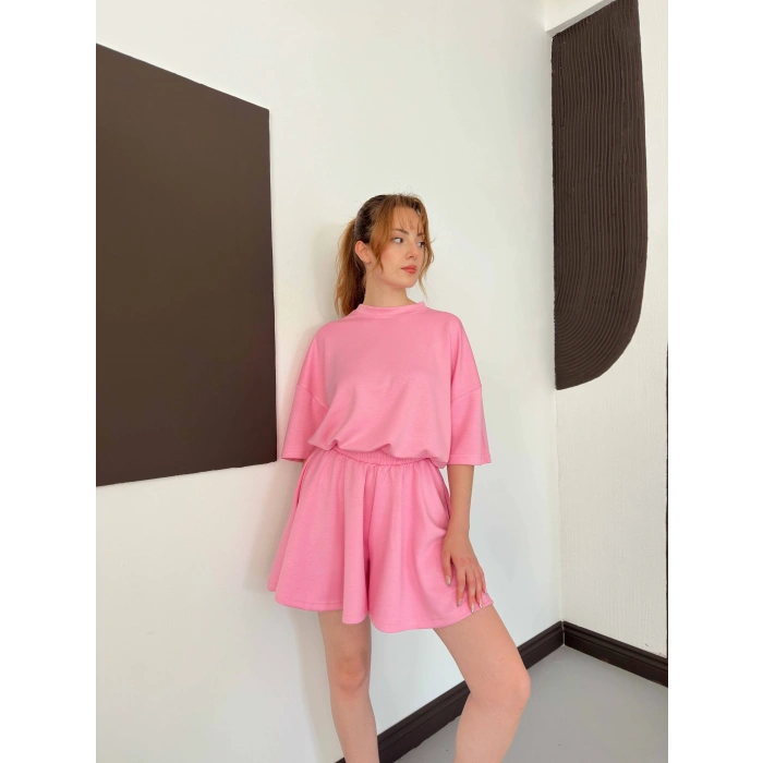 Pileli Şort Etek- Tişört Modal Takım Pembe