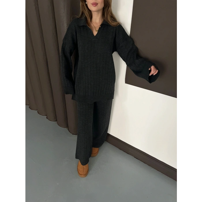 Polo Yaka Triko Pantolonlu Takım Antrasit