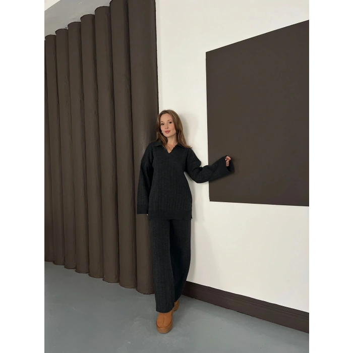 Polo Yaka Triko Pantolonlu Takım Antrasit