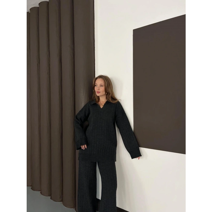 Polo Yaka Triko Pantolonlu Takım Antrasit