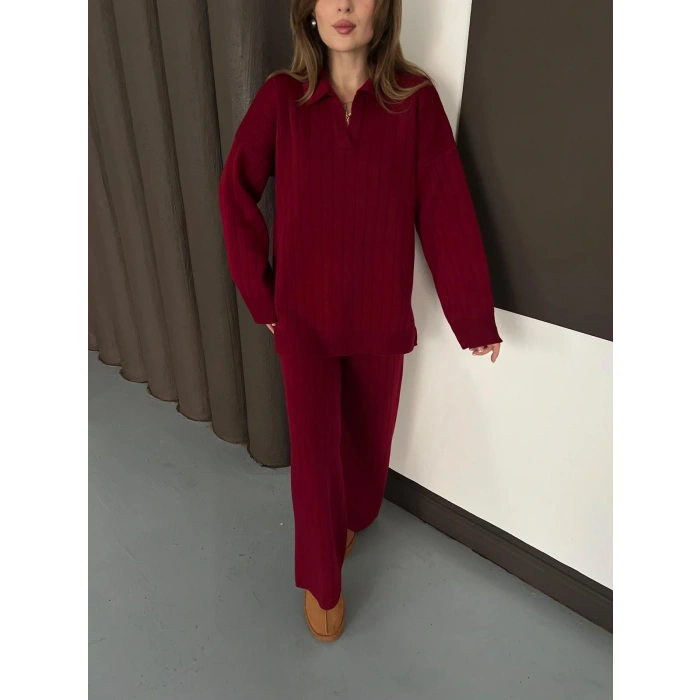 Polo Yaka Triko Pantolonlu Takım Bordo