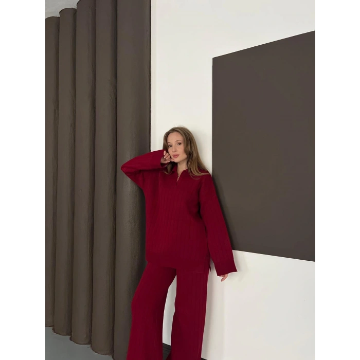 Polo Yaka Triko Pantolonlu Takım Bordo