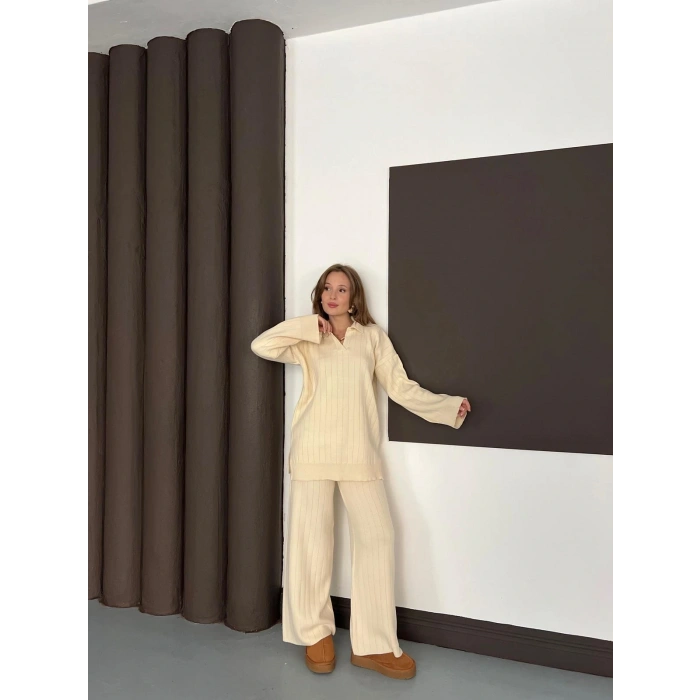 Polo Yaka Triko Pantolonlu Takım Ekru