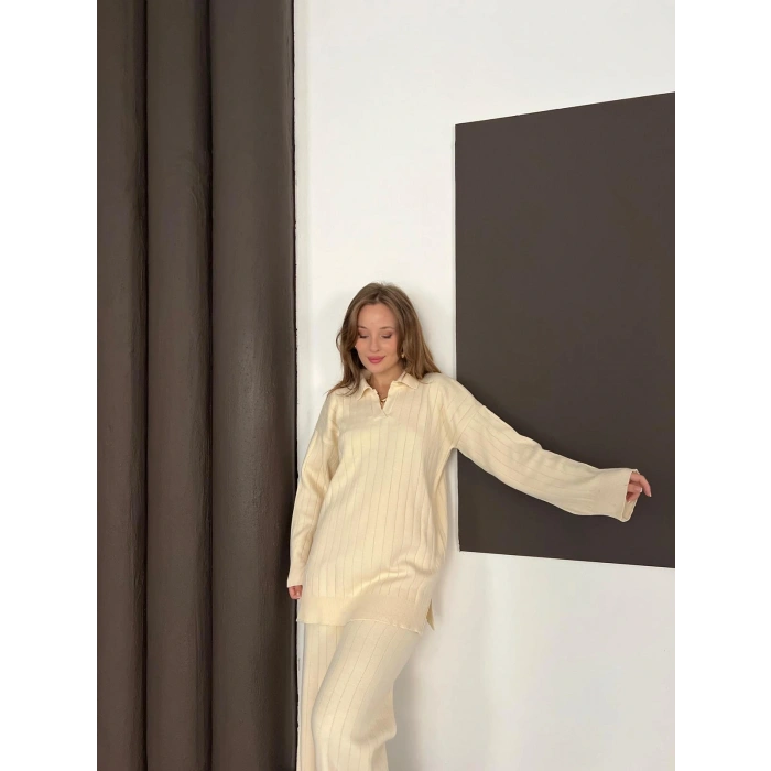 Polo Yaka Triko Pantolonlu Takım Ekru