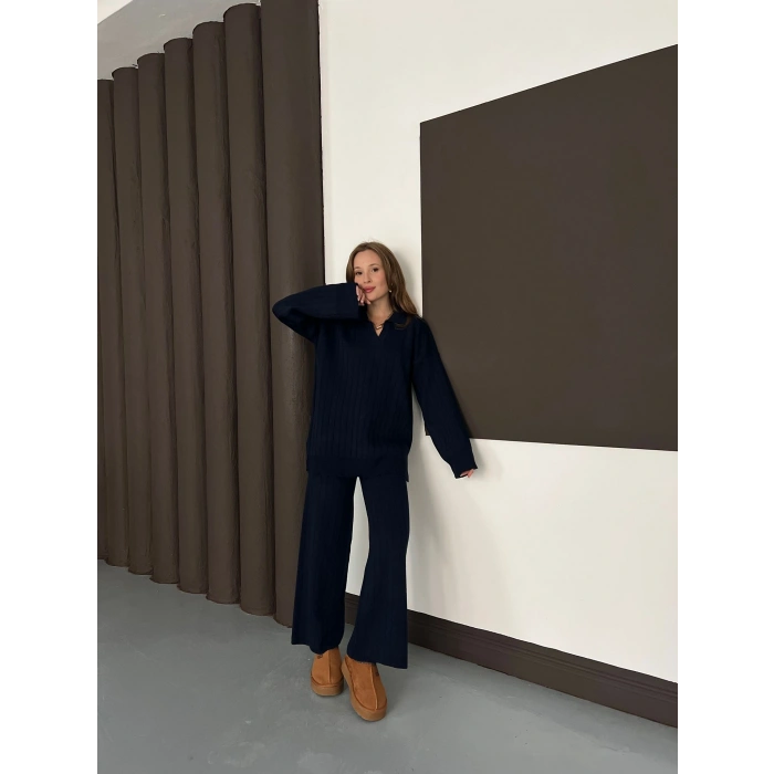 Polo Yaka Triko Pantolonlu Takım Lacivert