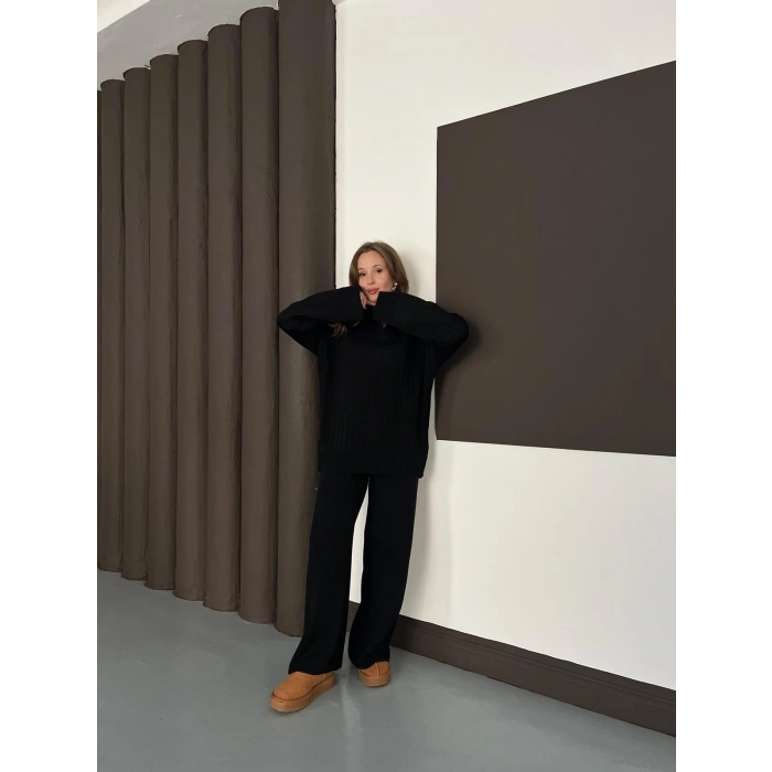 Polo Yaka Triko Pantolonlu Takım Siyah