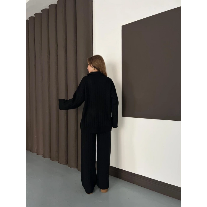 Polo Yaka Triko Pantolonlu Takım Siyah