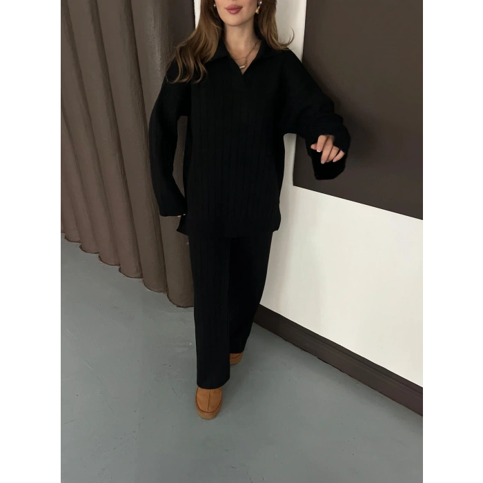 Polo Yaka Triko Pantolonlu Takım Siyah