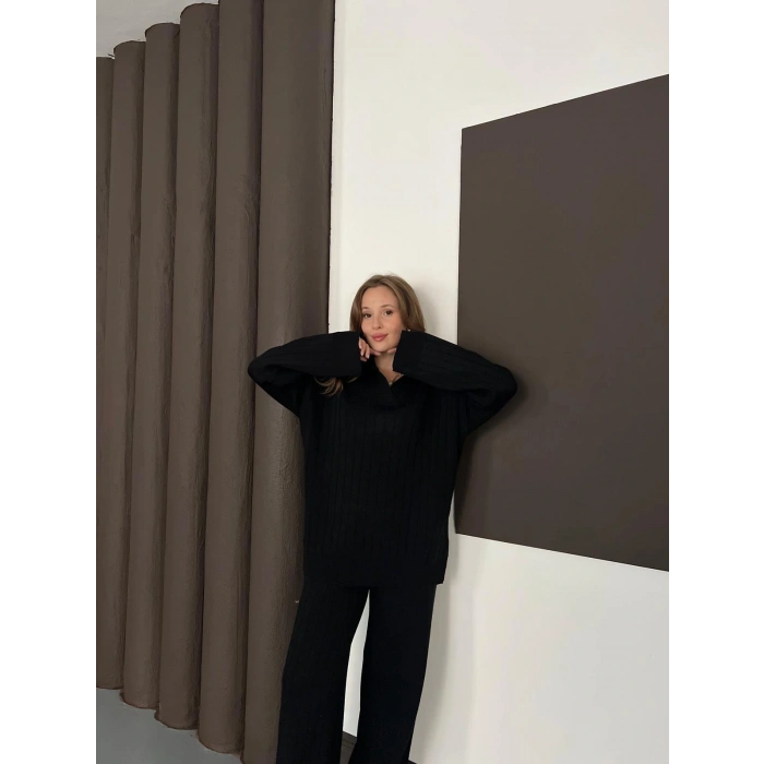 Polo Yaka Triko Pantolonlu Takım Siyah