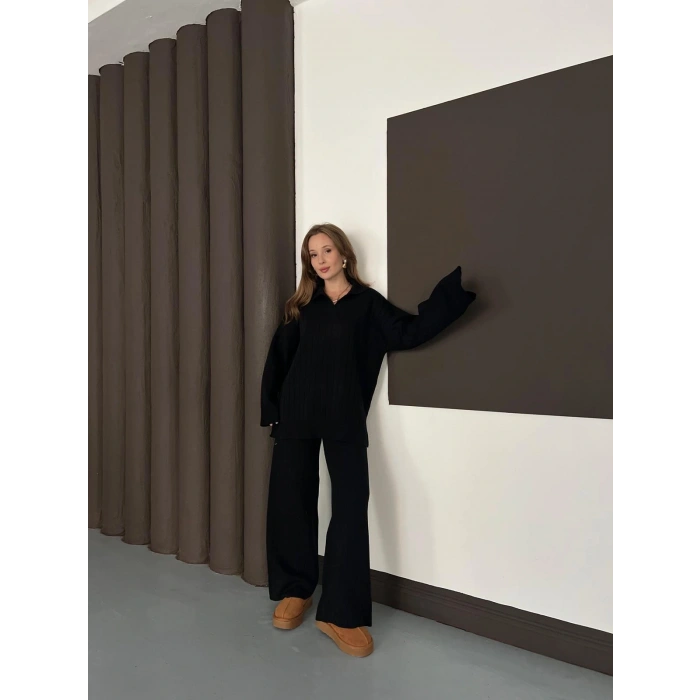 Polo Yaka Triko Pantolonlu Takım Siyah