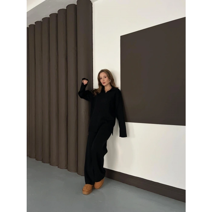 Polo Yaka Triko Pantolonlu Takım Siyah