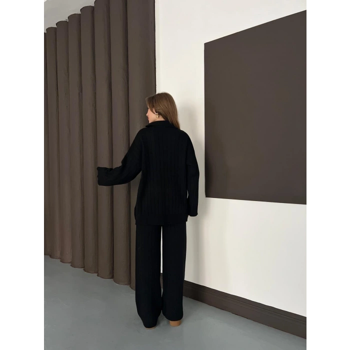 Polo Yaka Triko Pantolonlu Takım Siyah