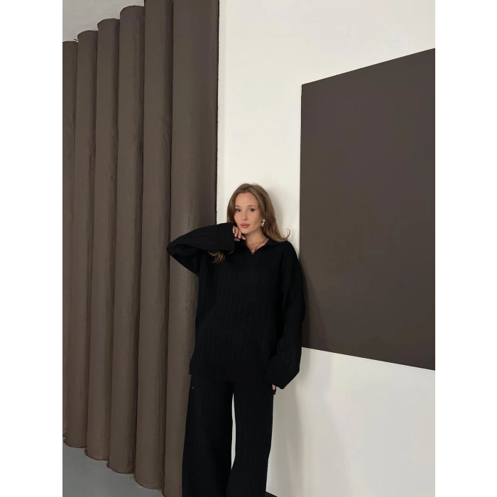 Polo Yaka Triko Pantolonlu Takım Siyah