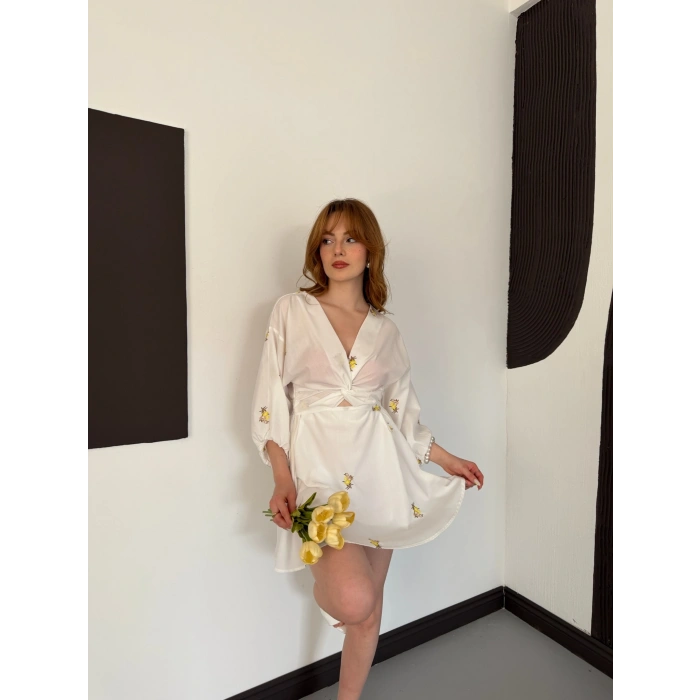 Poplin Kumaş Çiçek Desen Mini Elbise Beyaz-Sarı