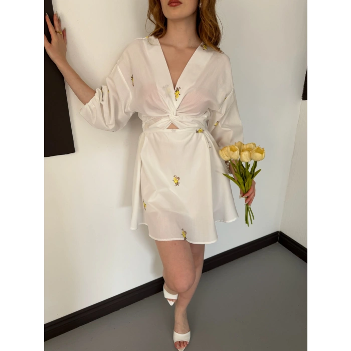 Poplin Kumaş Çiçek Desen Mini Elbise Beyaz-Sarı