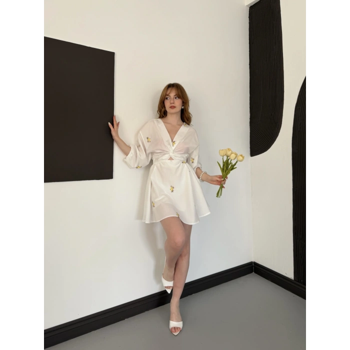 Poplin Kumaş Çiçek Desen Mini Elbise Beyaz-Sarı