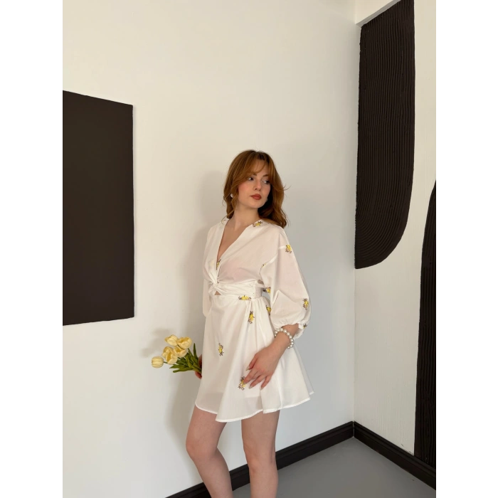 Poplin Kumaş Çiçek Desen Mini Elbise Beyaz-Sarı