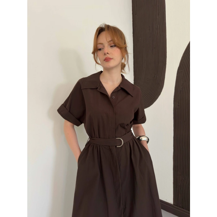 Poplin Kumaş Kemer Detaylı Gömlek Elbise Kahve