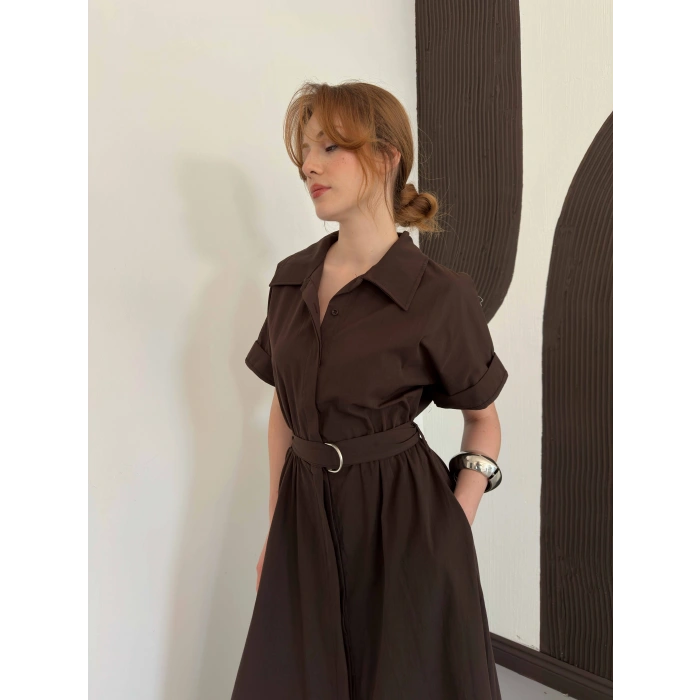 Poplin Kumaş Kemer Detaylı Gömlek Elbise Kahve
