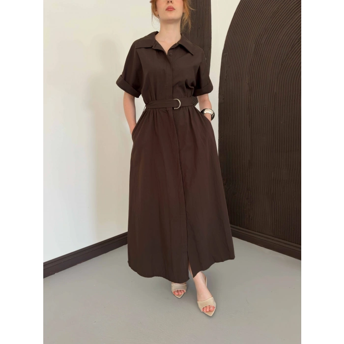Poplin Kumaş Kemer Detaylı Gömlek Elbise Kahve