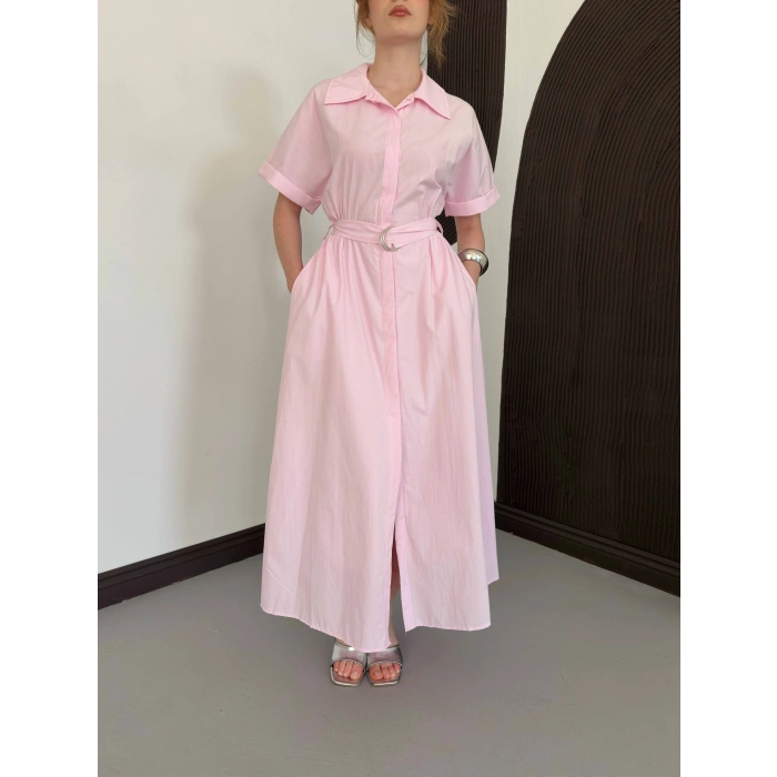 Poplin Kumaş Kemer Detaylı Gömlek Elbise Pembe