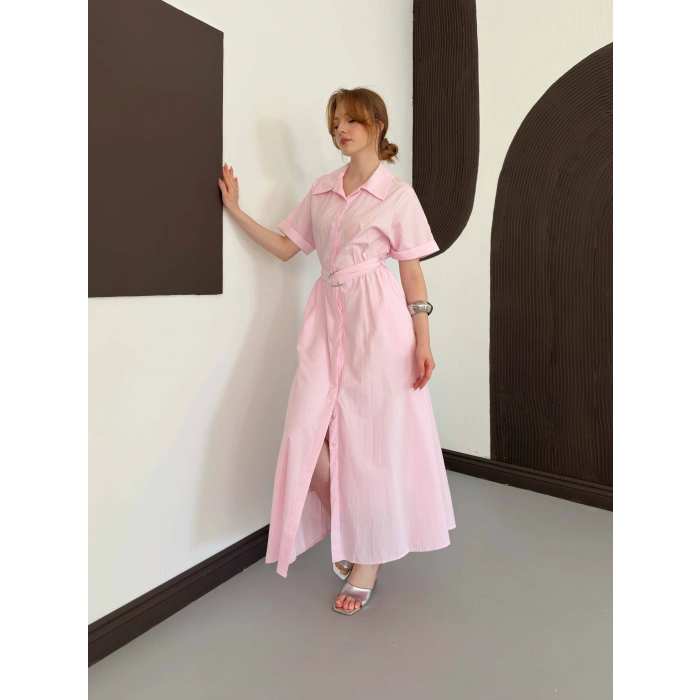 Poplin Kumaş Kemer Detaylı Gömlek Elbise Pembe