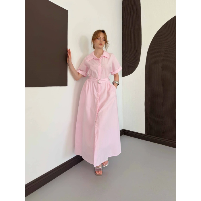 Poplin Kumaş Kemer Detaylı Gömlek Elbise Pembe