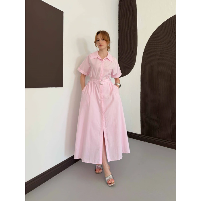Poplin Kumaş Kemer Detaylı Gömlek Elbise Pembe