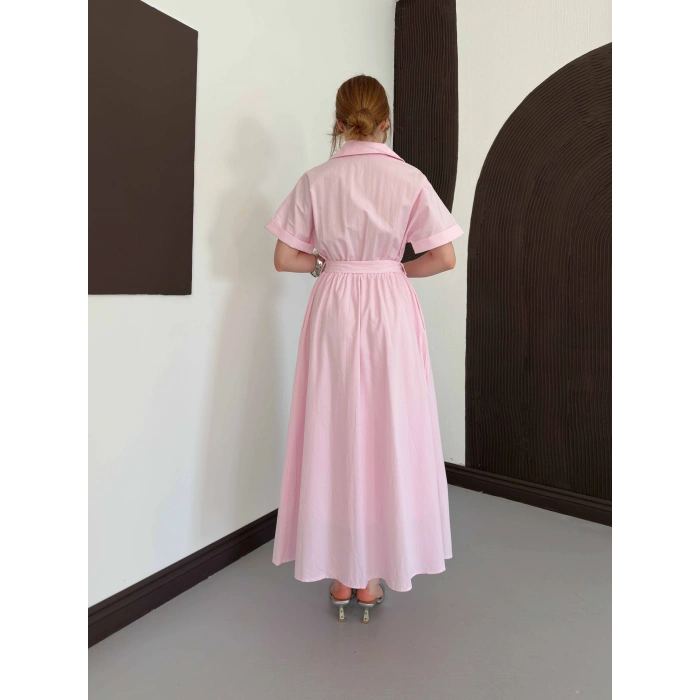 Poplin Kumaş Kemer Detaylı Gömlek Elbise Pembe