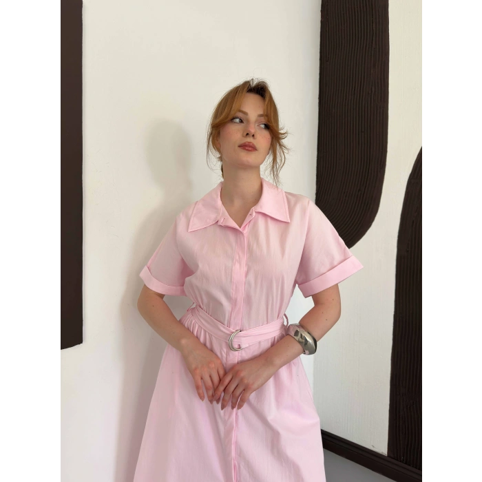 Poplin Kumaş Kemer Detaylı Gömlek Elbise Pembe