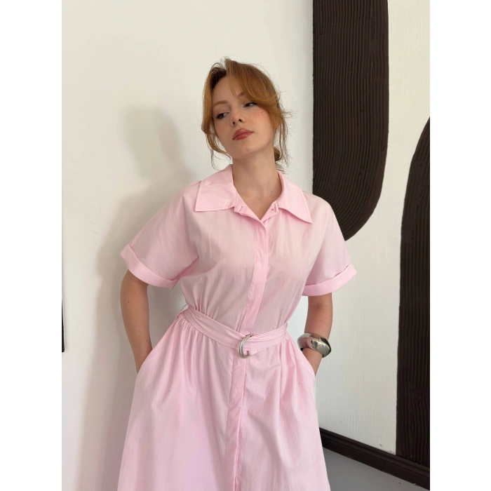 Poplin Kumaş Kemer Detaylı Gömlek Elbise Pembe
