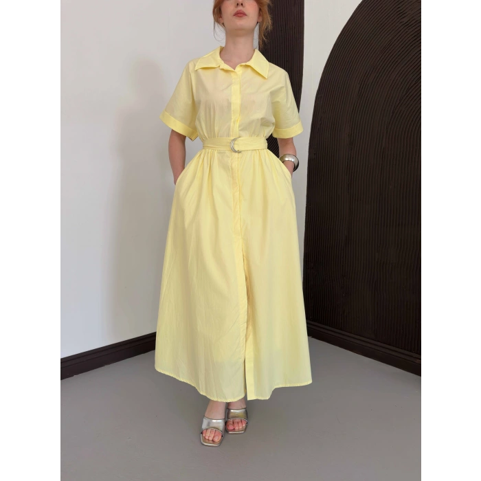 Poplin Kumaş Kemer Detaylı Gömlek Elbise Sarı