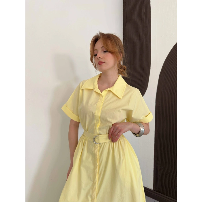 Poplin Kumaş Kemer Detaylı Gömlek Elbise Sarı