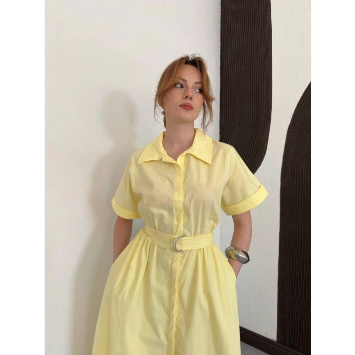 Poplin Kumaş Kemer Detaylı Gömlek Elbise Sarı