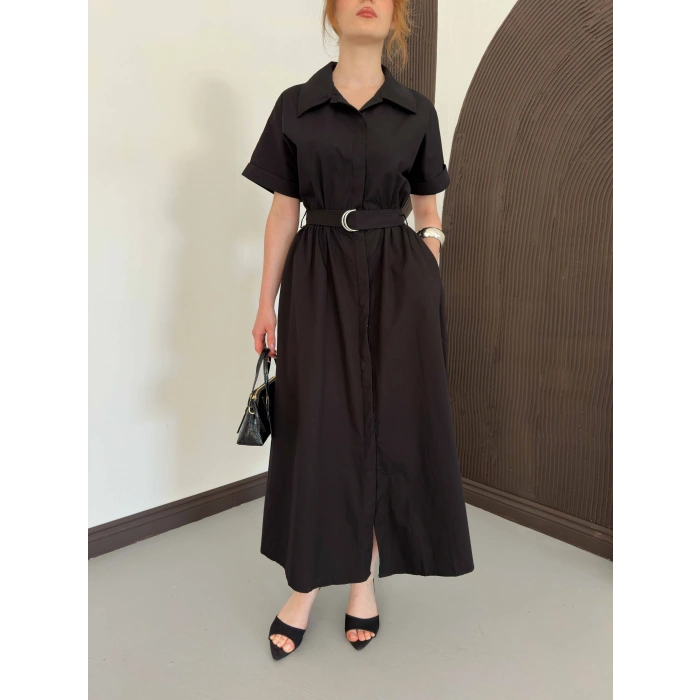 Poplin Kumaş Kemer Detaylı Gömlek Elbise Siyah