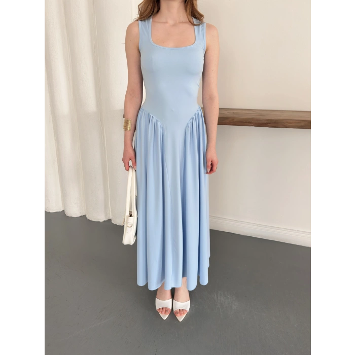 Premium Dokulu Prenses Uzun Elbise Bebe Mavisi