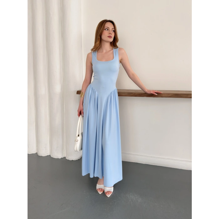 Premium Dokulu Prenses Uzun Elbise Bebe Mavisi