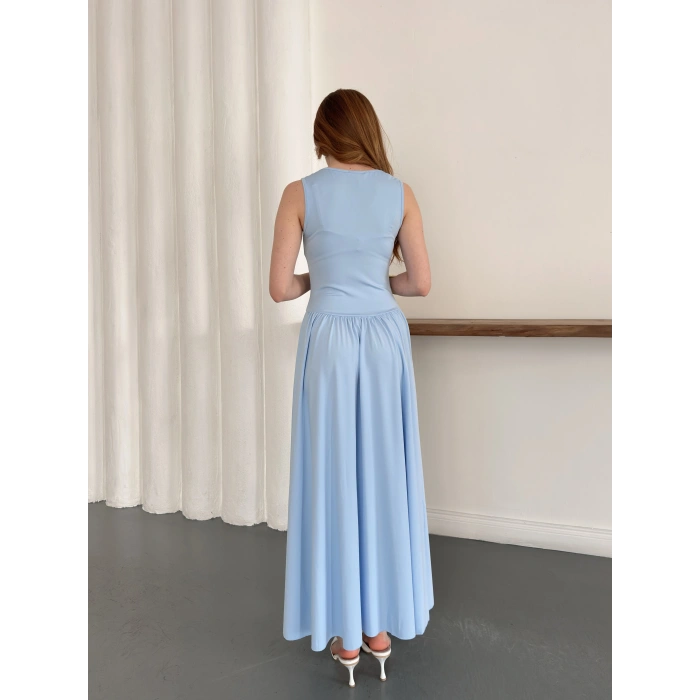 Premium Dokulu Prenses Uzun Elbise Bebe Mavisi