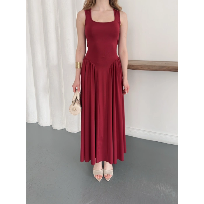 Premium Dokulu Prenses Uzun Elbise Bordo